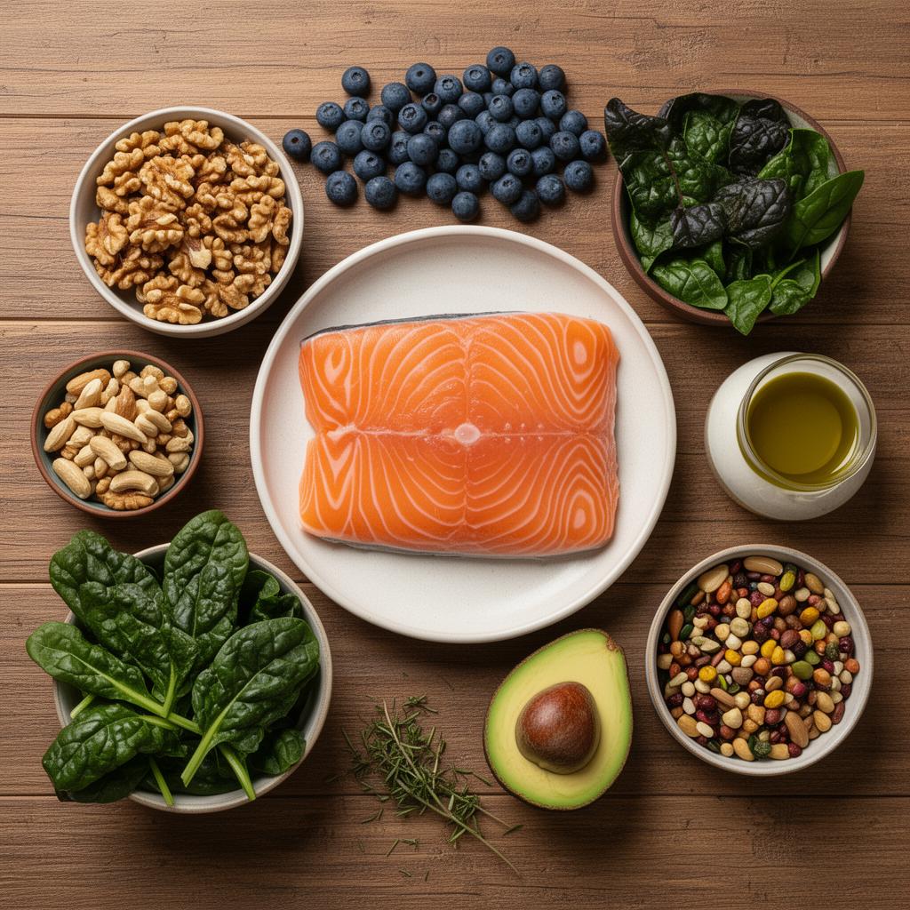 Brain-healthy foods including salmon, berries, and nuts