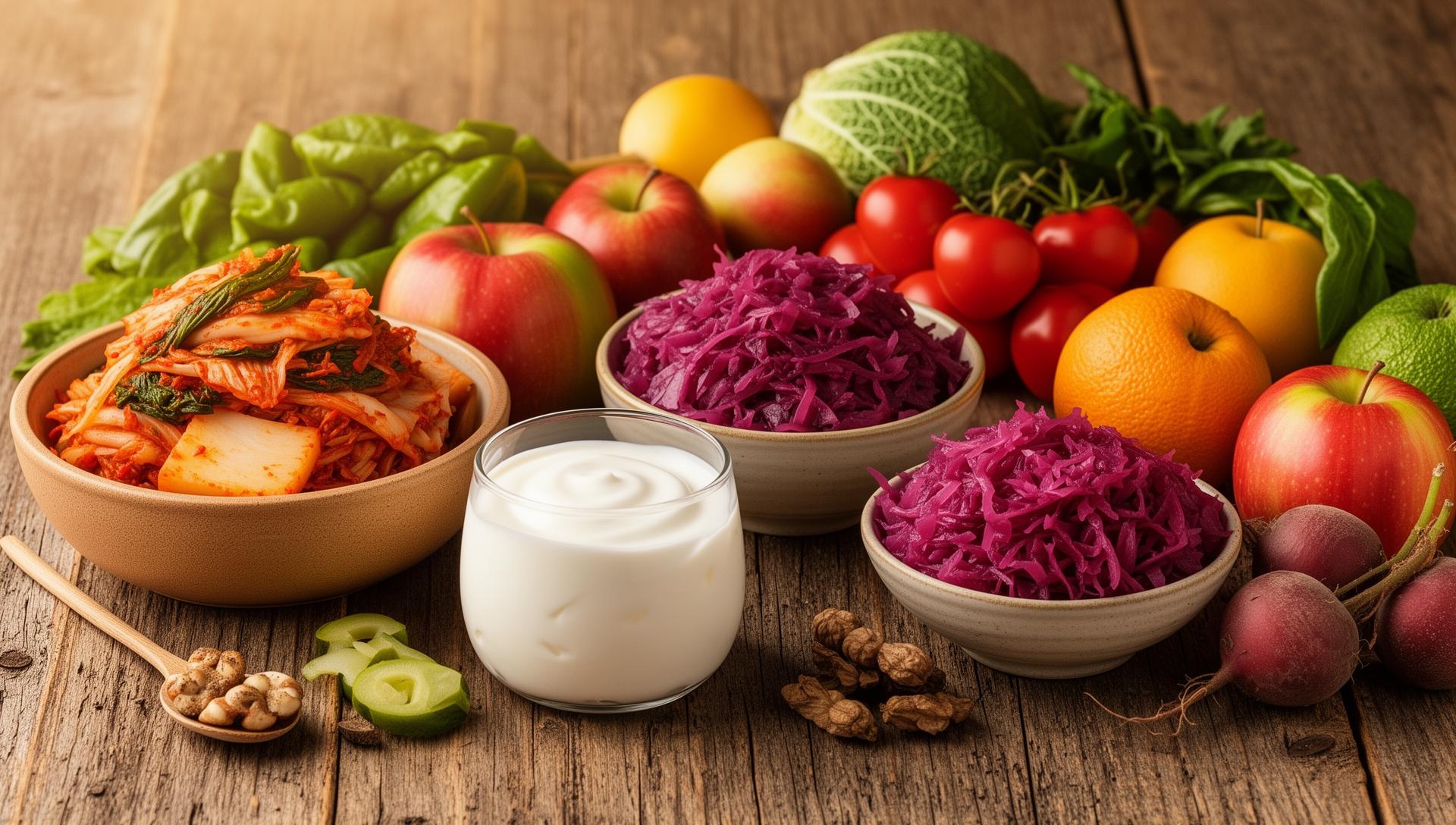 Colorful array of gut-healthy foods including fermented vegetables, yogurt, and fresh produce