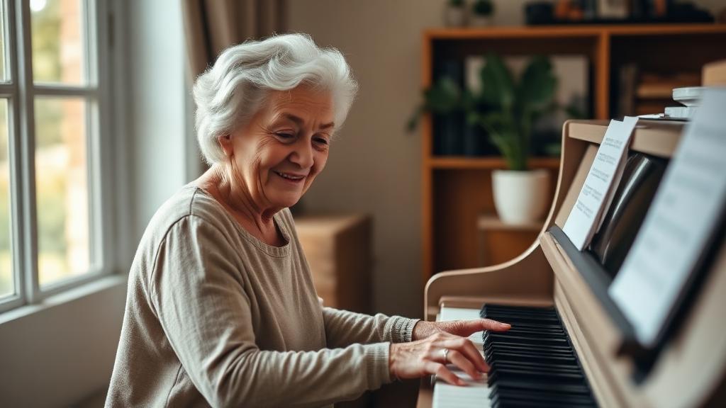 Elderly woman playing piano with joy