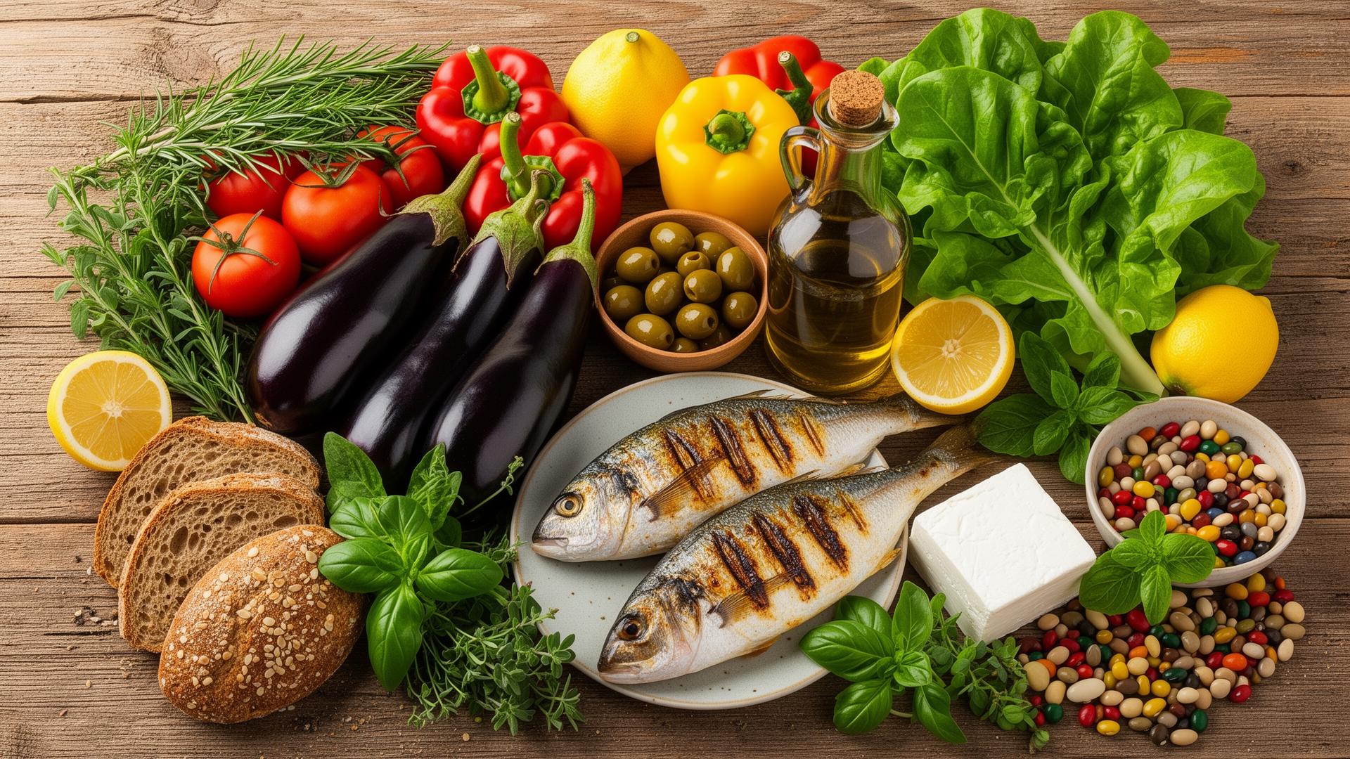 Fresh Mediterranean ingredients including olive oil, vegetables, fish, and herbs on a rustic wooden table