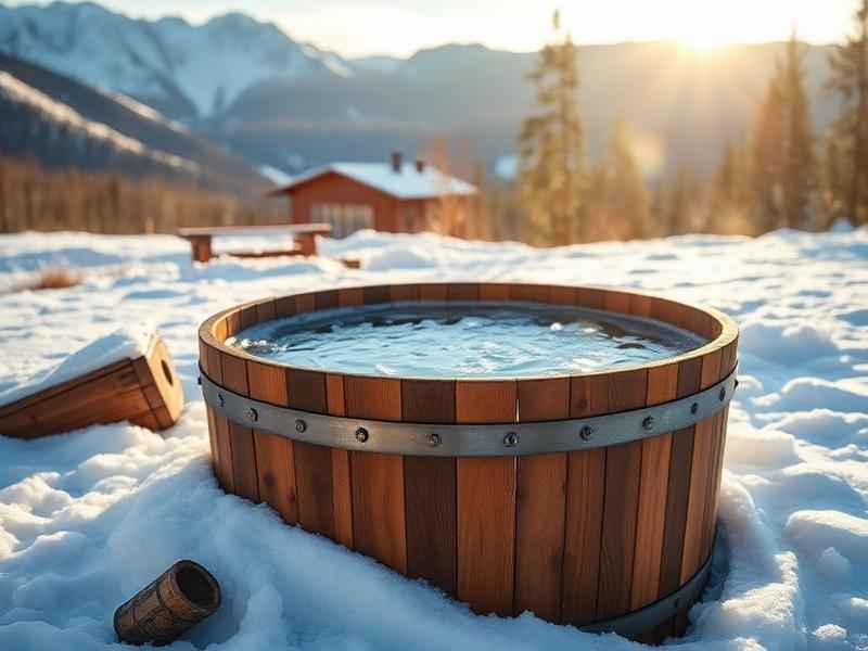Traditional wooden cold plunge tub in a snowy setting